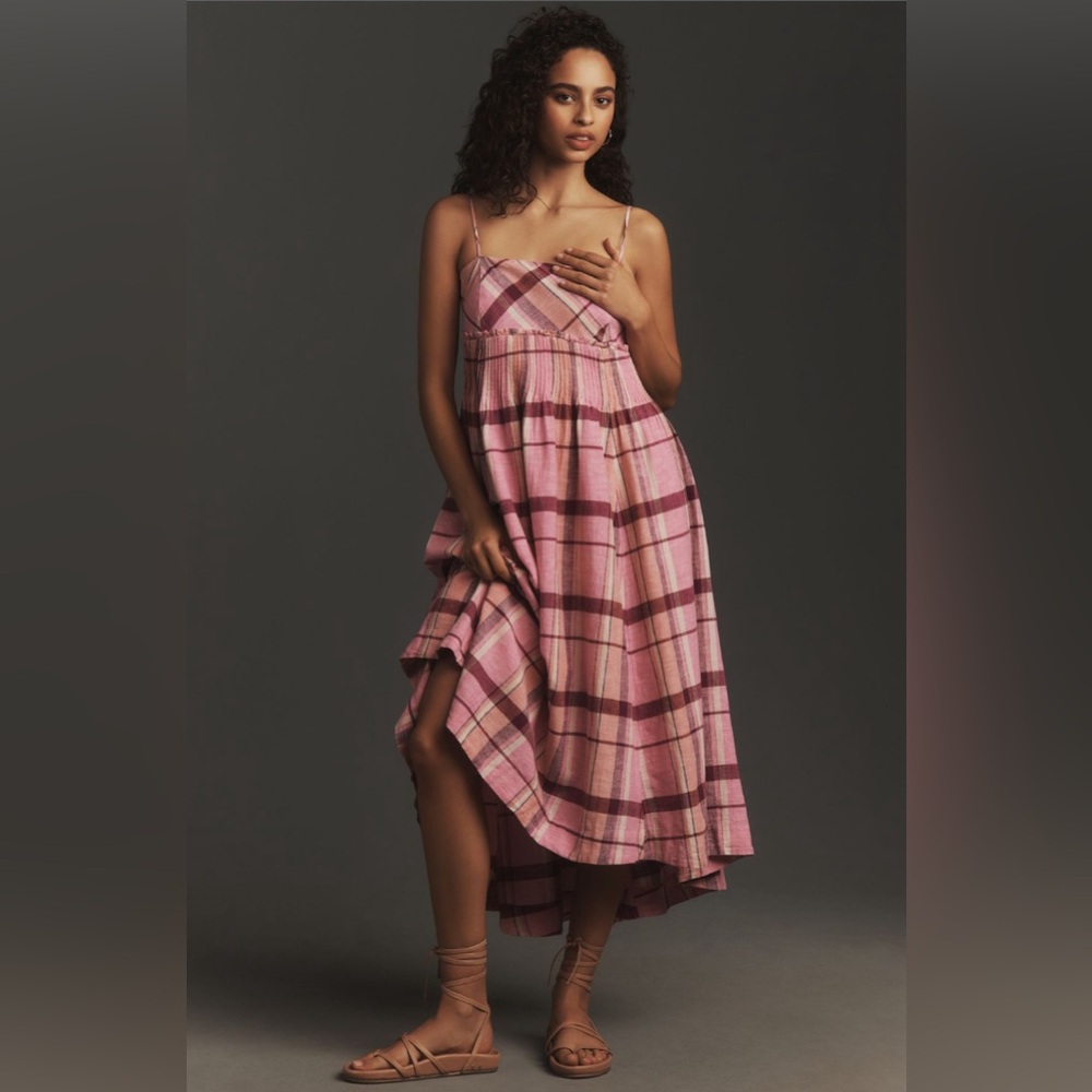 ✨ Anthropologie Linen Pleated Waist Hanky-Hem Midi Dress Sz M